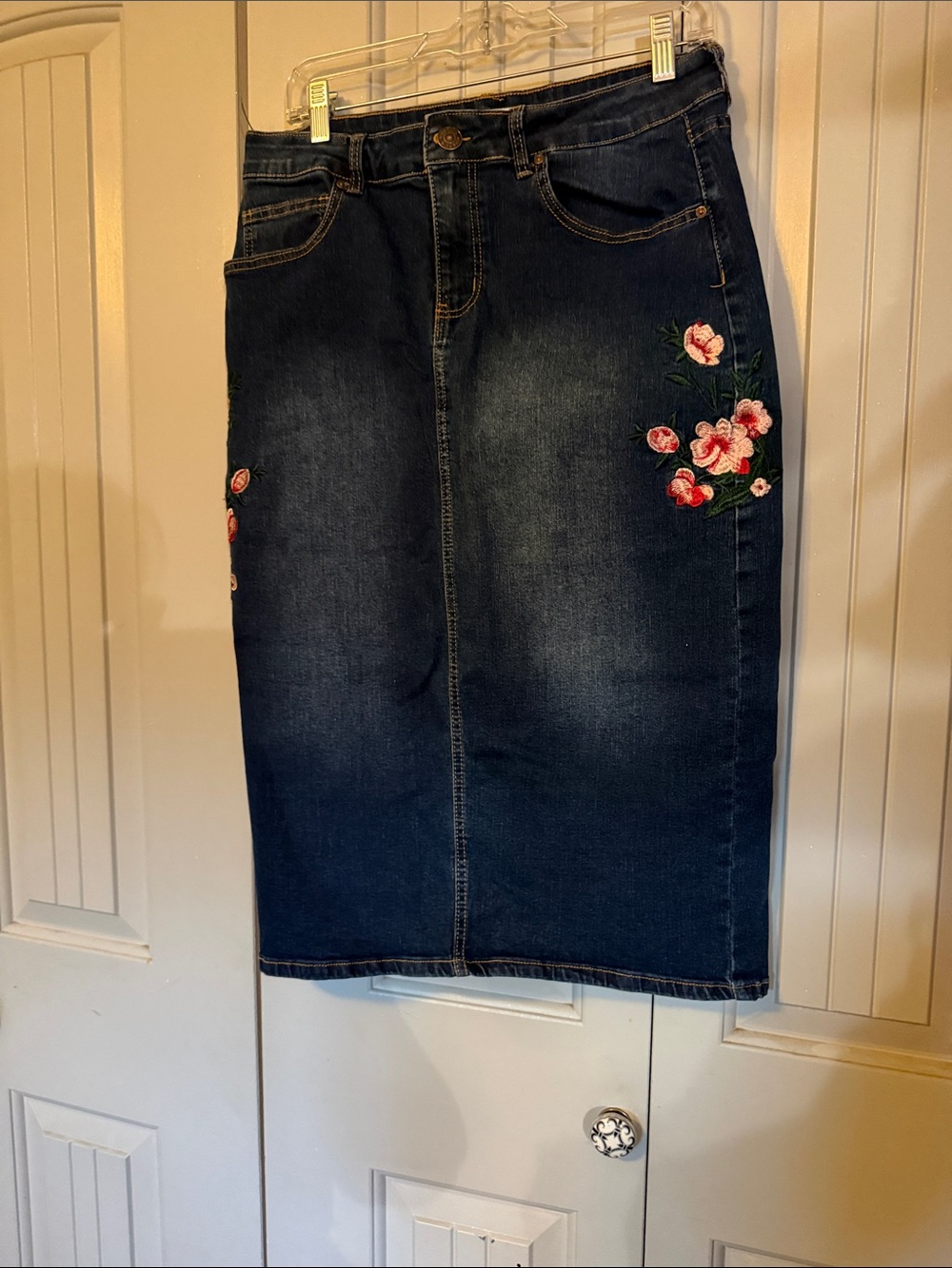 Dark Blue Denim Pencil Skirt with Pink Floral Embroidery